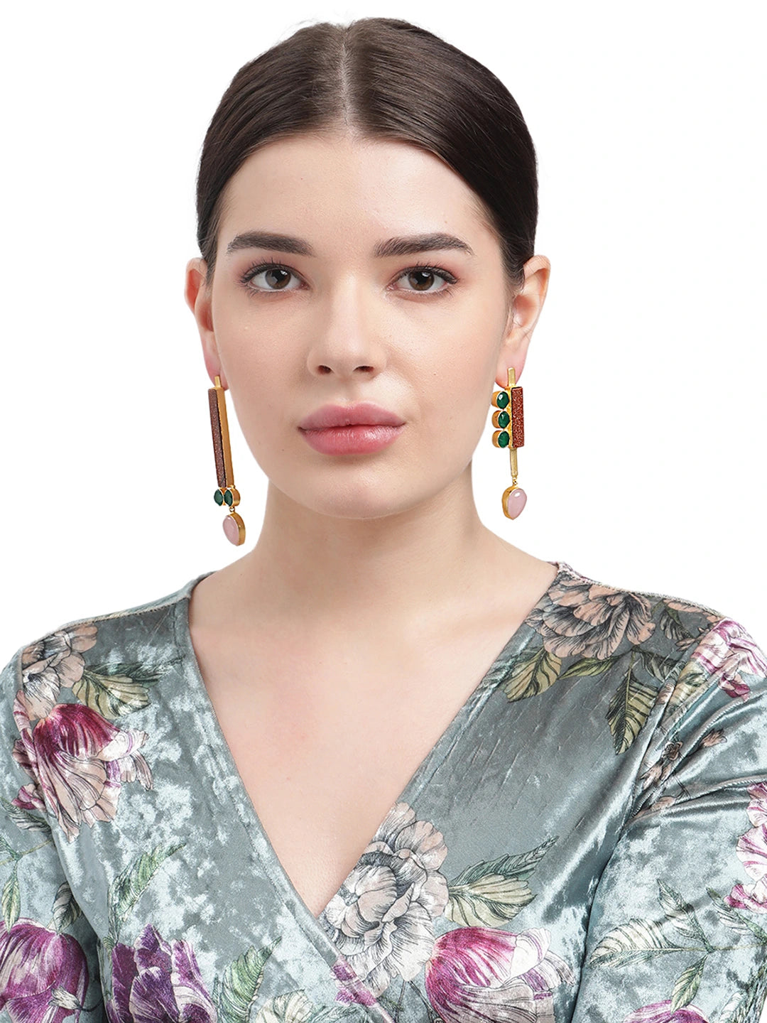 Solara Prism Drop Earrings in Sunstone, Rose Quartz & Green Onyx