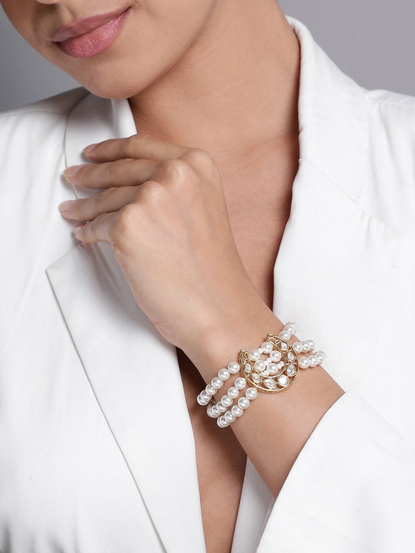 Le Eleonora Pearl &kundan Bracelet in 22K gold-plated brass, handcrafted by XAGO