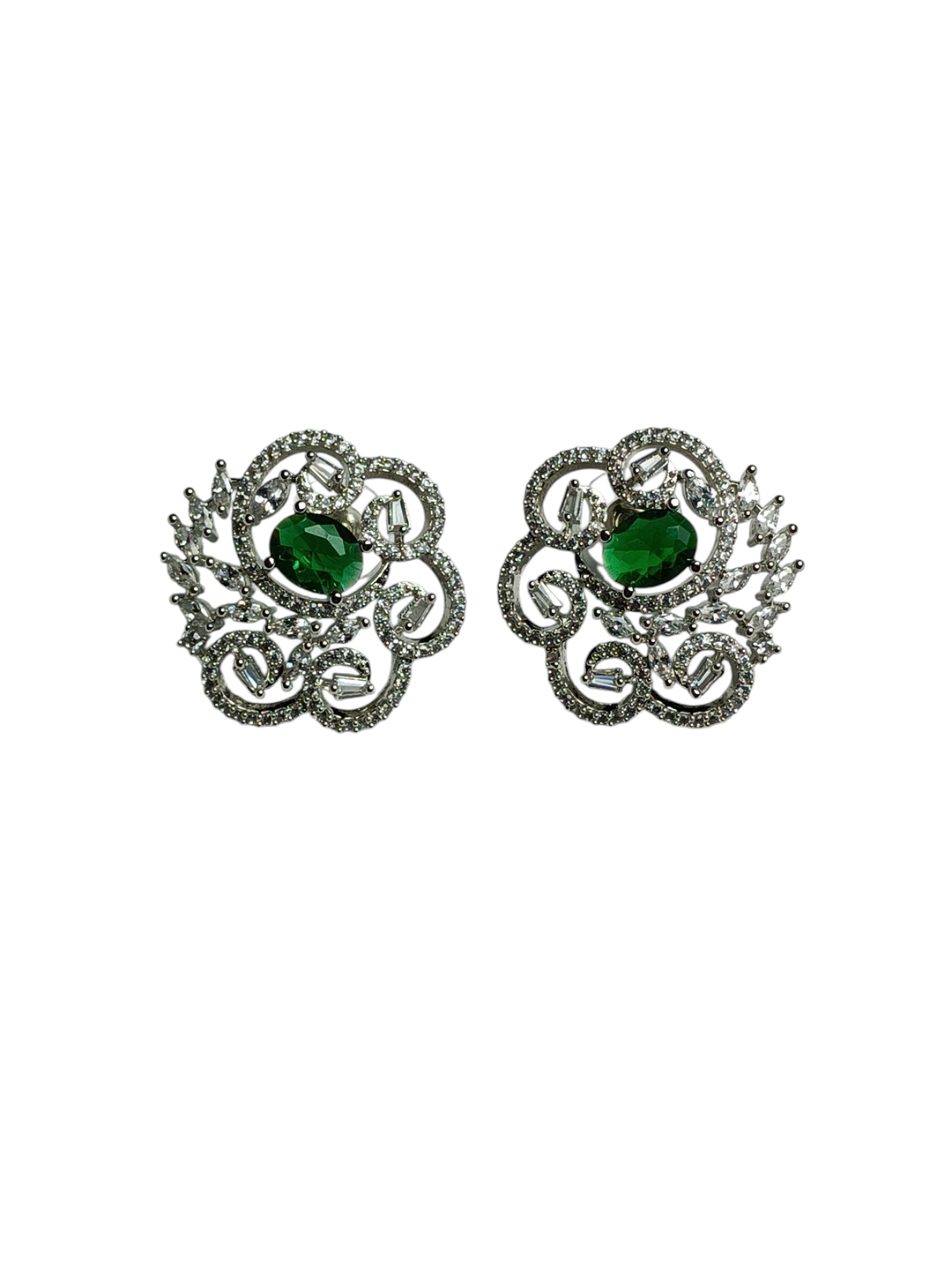 Contemporary Silver-Tone Green and Clear Crystal Swirl Stud Earrings