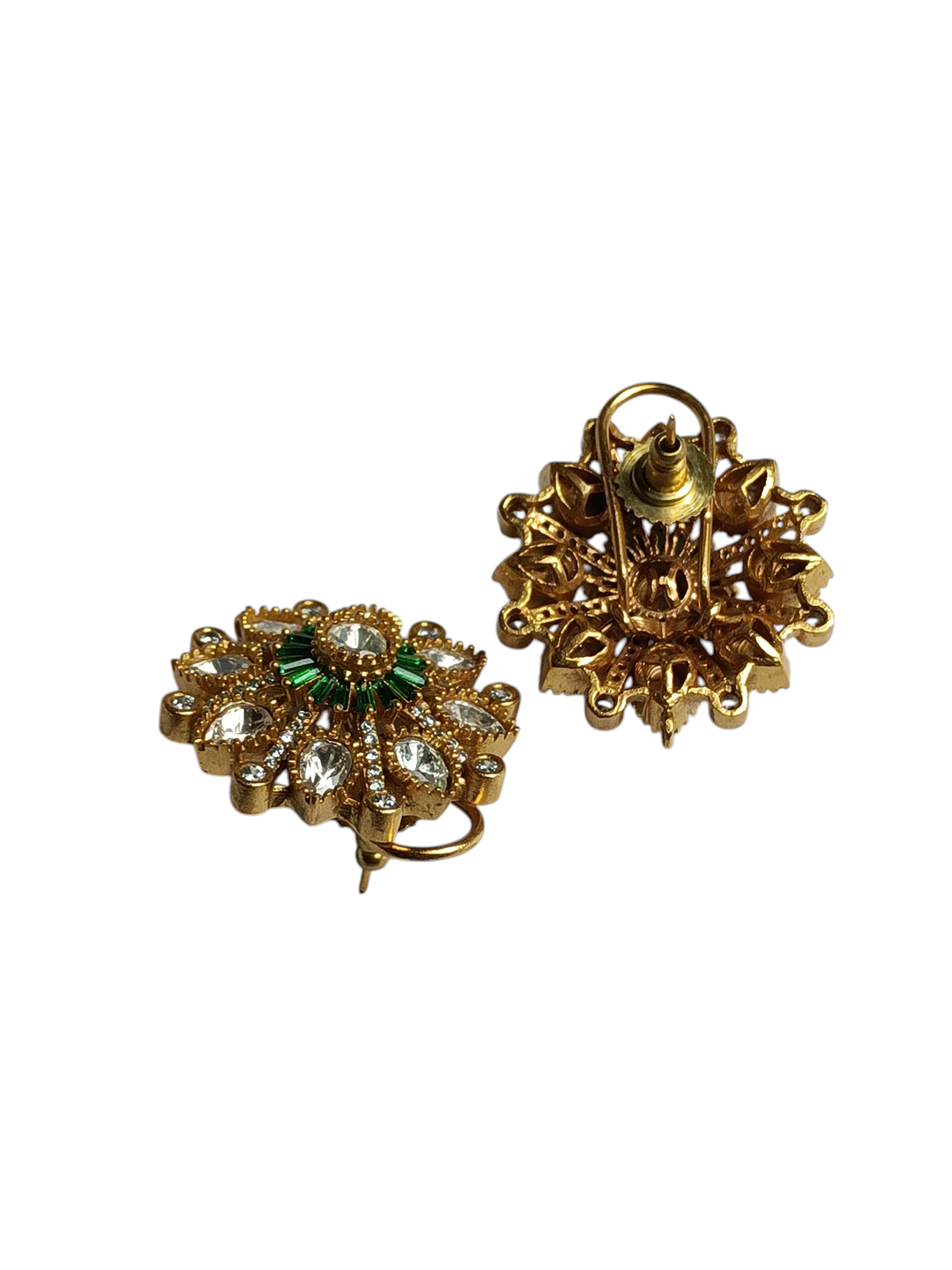 Contemporary Green Emerald-Tone Crystal Floral Cluster Stud Earrings