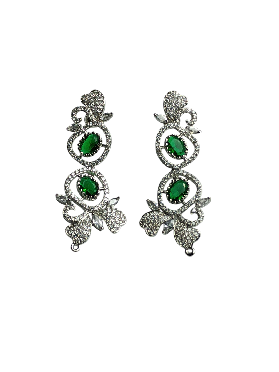 Contemporary Silver-Tone Green Stone and CZ Dangle Earrings