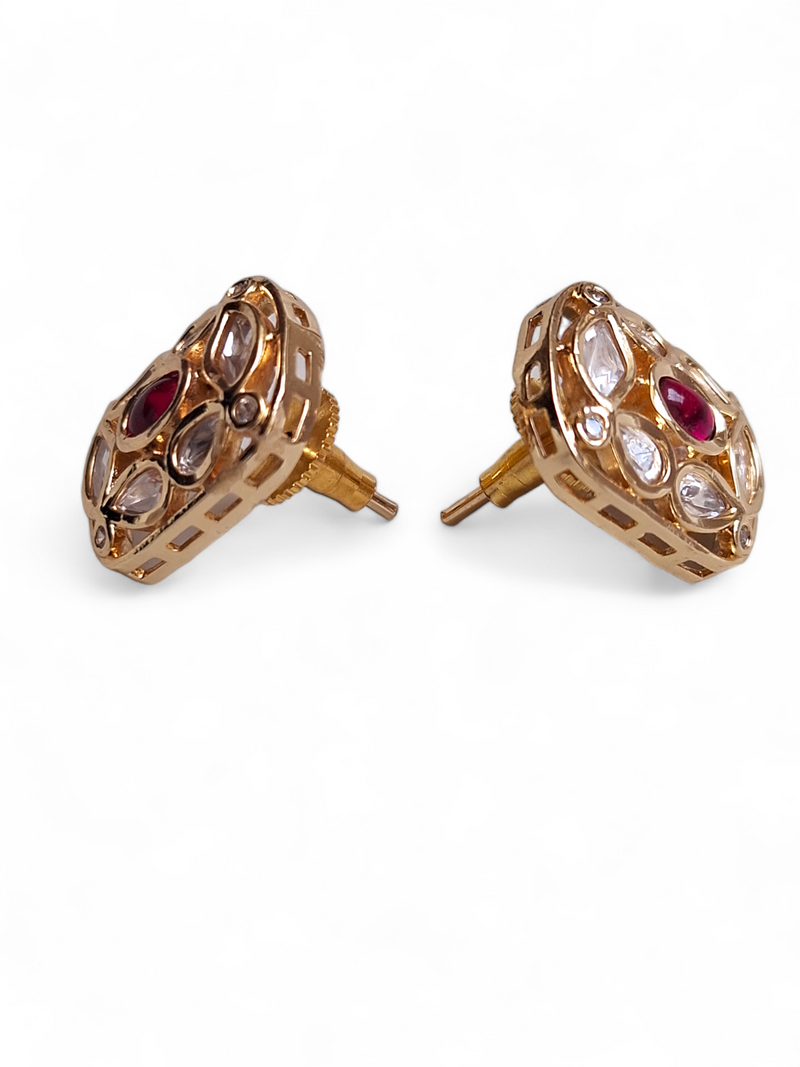 LE FELICIA GOLD PLATED KUNDAN STUDDED CONTEMPORARY  SHAPED STUD EARRINGS jewellery in 24K gold plating | XAGO Luxe