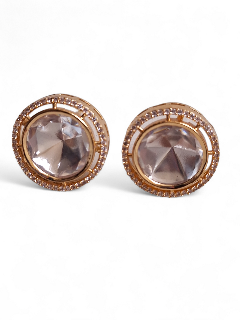 LE CARIS GOLD PLATED KUNDAN STUDDED CONTEMPORARY  SHAPED STUD EARRINGS jewellery in 24K gold plating | XAGO Luxe