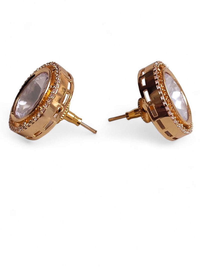 LE CARIS GOLD PLATED KUNDAN STUDDED CONTEMPORARY  SHAPED STUD EARRINGS jewellery in 24K gold plating | XAGO Luxe