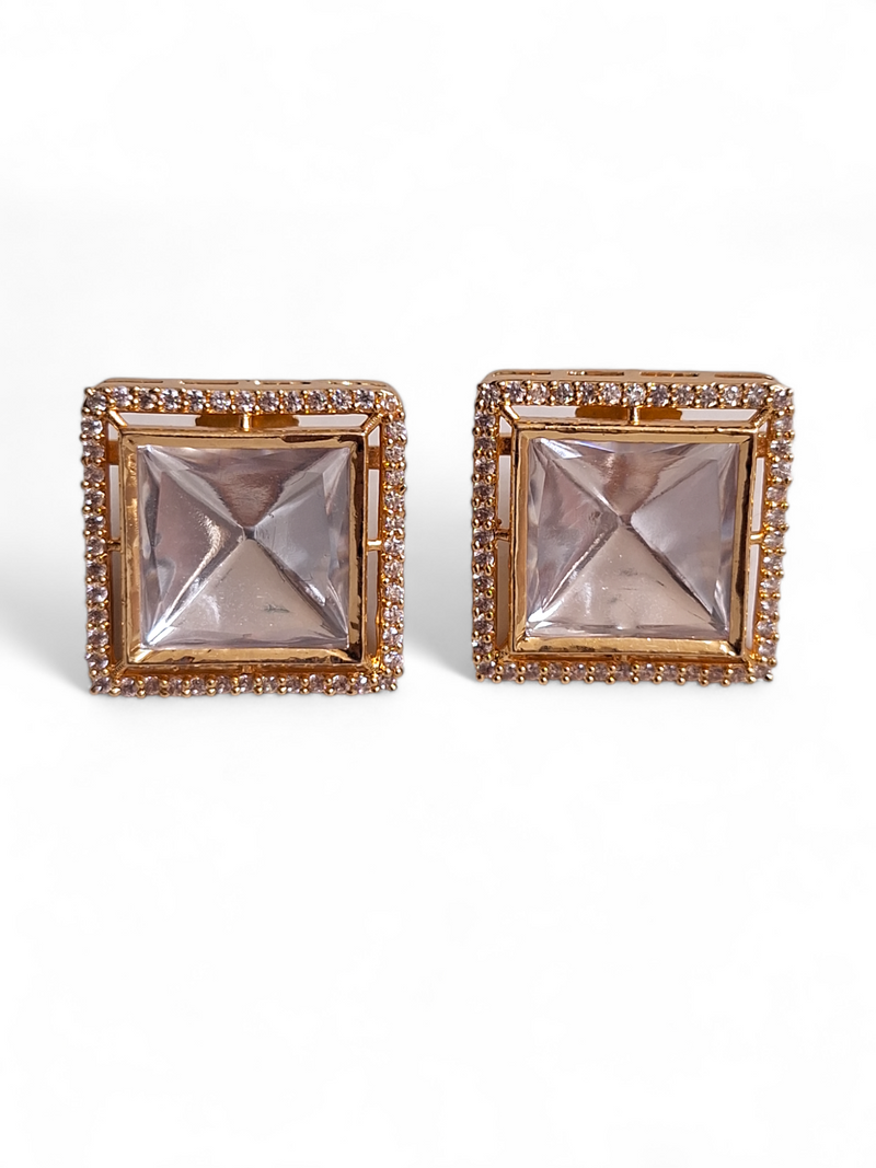 LE ALBA GOLD PLATED KUNDAN STUDDED CONTEMPORARY  SHAPED STUD EARRINGS jewellery in 24K gold plating | XAGO Luxe