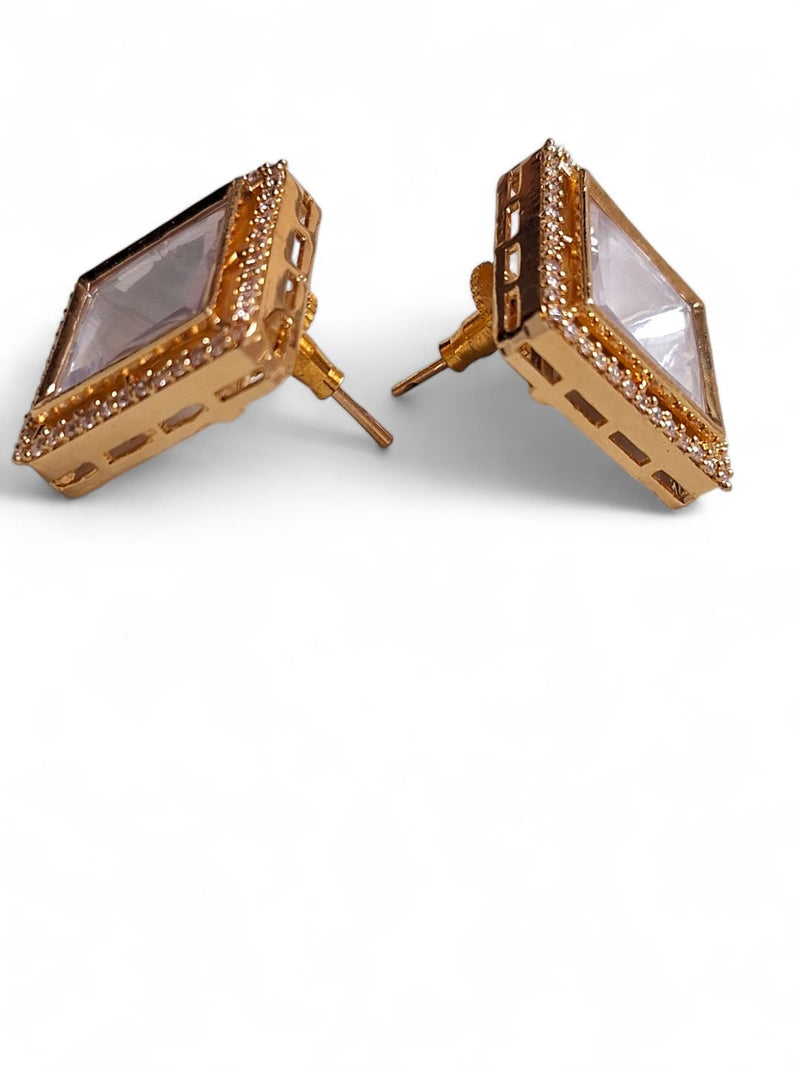 LE ALBA GOLD PLATED KUNDAN STUDDED CONTEMPORARY  SHAPED STUD EARRINGS jewellery in 24K gold plating | XAGO Luxe