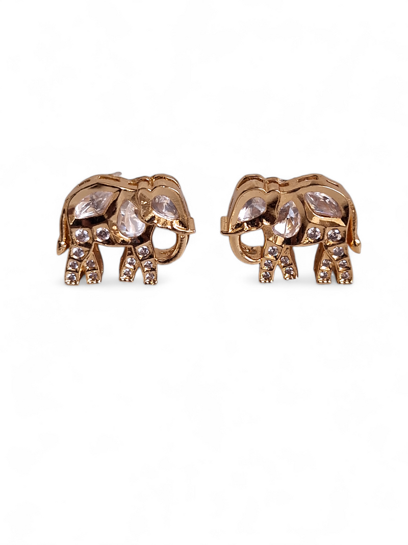 LE AHANA GOLD PLATED KUNDAN STUDDED ELEPHANT SHAPED WHITE STUD EARRINGS jewellery in 24K gold plating | XAGO Luxe