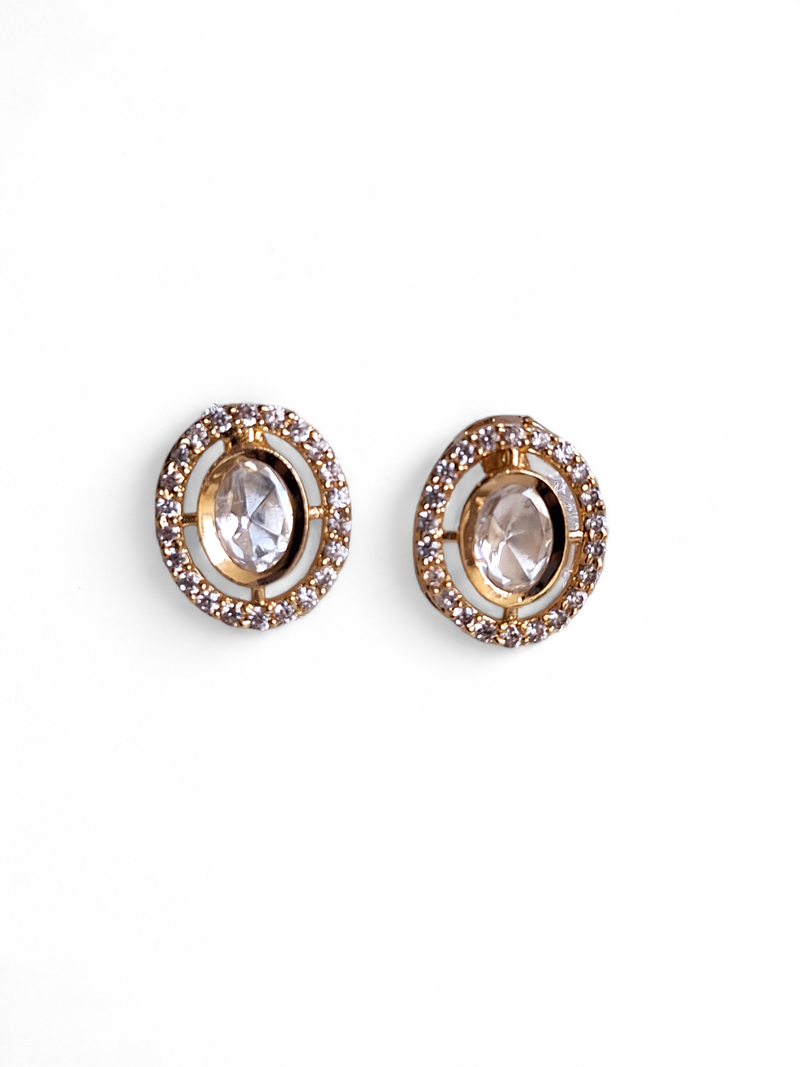 LE BAILA GOLD PLATED KUNDAN STUDDED CONTEMPORARY  SHAPED STUD EARRINGS jewellery in 24K gold plating | XAGO Luxe