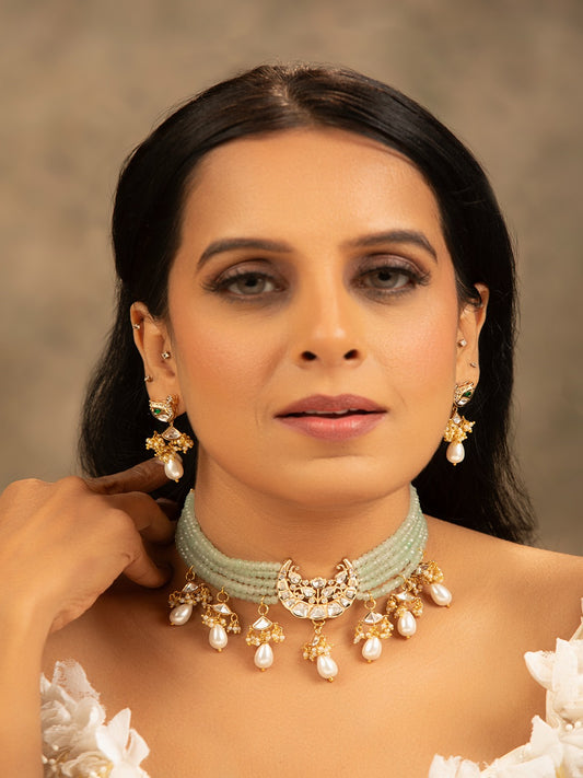 LAASYA GREEN AND WHITE POLKI AND PEARL NECKLACE SET