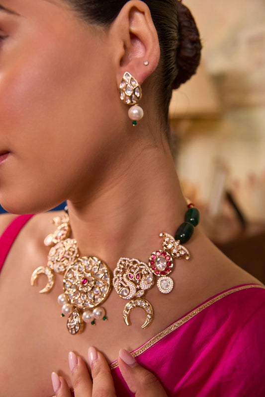 Navya — XAGO Polki and Emerald Bead Statement Necklace Set in 22K gold-plated brass, handcrafted by XAGO