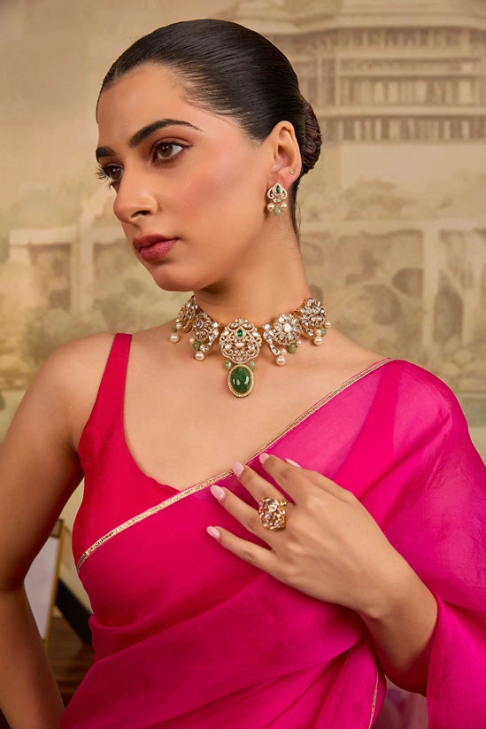 Elegant Green Stone Pearl Kundan Choker Necklace Set