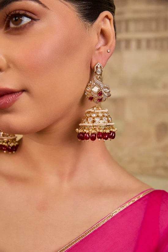 Xago Mayuraragini  Kundan Peacock Jhumka Earrings With Ruby Drops