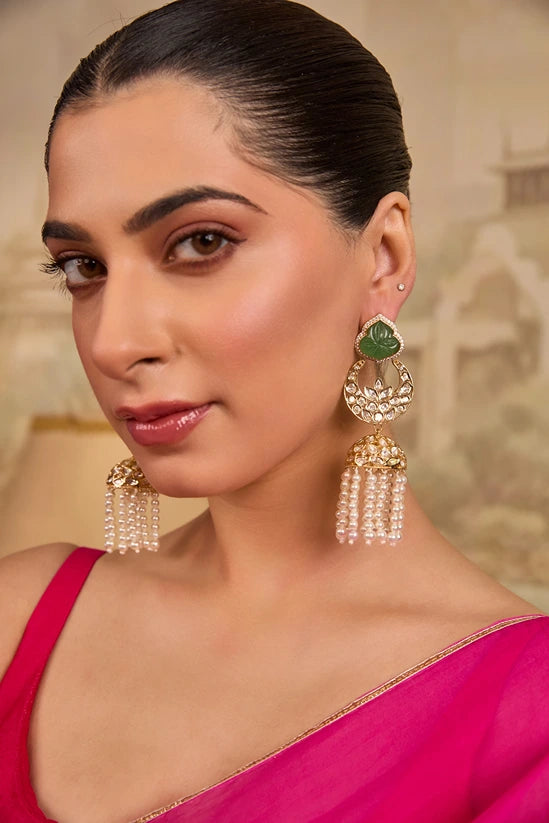 Gold-Plated Chandbali Jhumka Earrings With Pearl Tassel