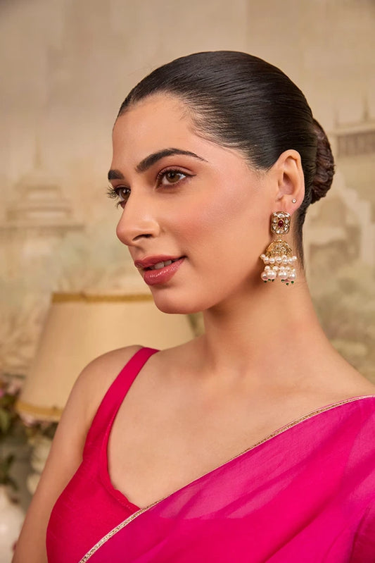 Raktamani — Xago Elegant Ruby Accent Pearl Droplet Jhumka Earrings