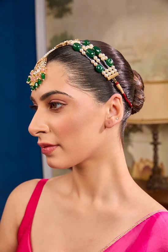 Pearl & Green Bead Traditional Maang Tikka