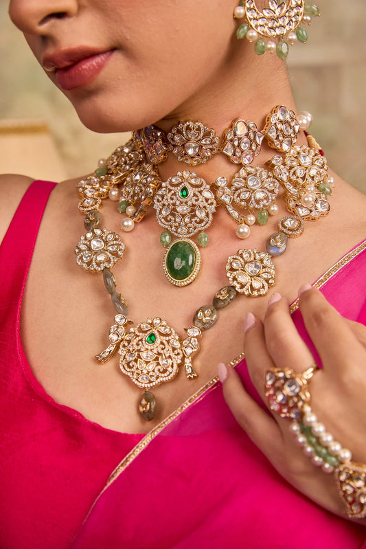 Vanya — XAGO Traditional Polki Green Bead Necklace Set in 22K gold-plated brass, handcrafted by XAGO