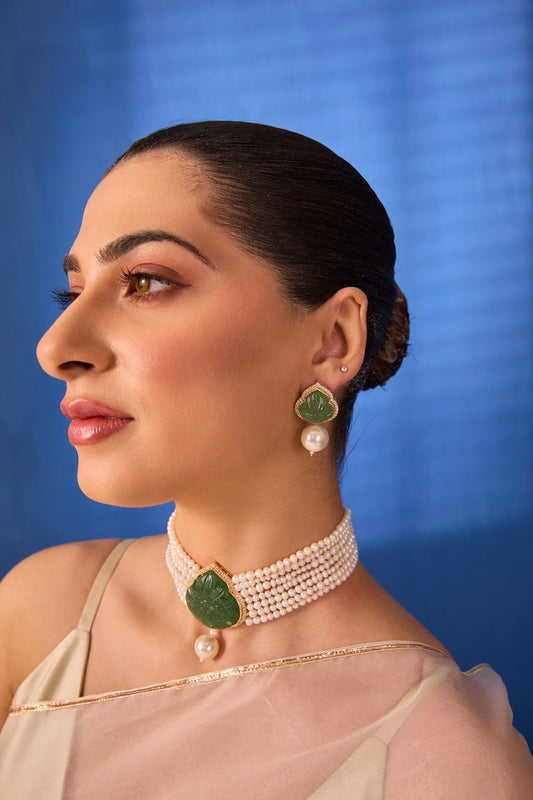 Kanti — XAGO Real Pearl Green Gemstone Choker Set in 22K gold-plated brass, handcrafted by XAGO