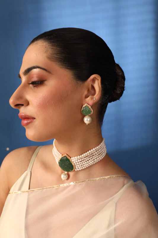Le Kanti Green Carved Stone Pearl Stud Earring Brass XAGO Luxe