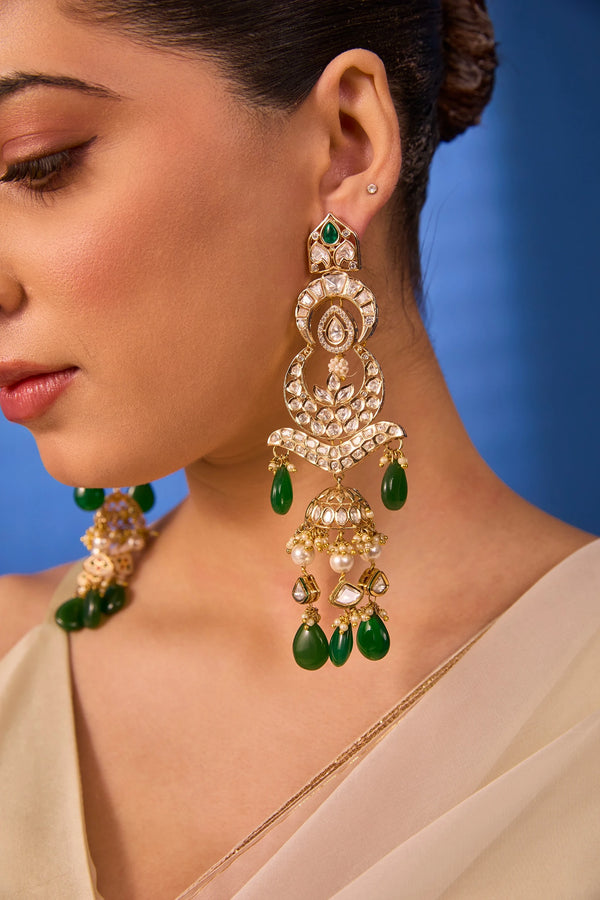 Marakatabindu — XAGO Emerald Kundan Drop Jhumka Earrings in 22K gold-plated brass, handcrafted by XAGO