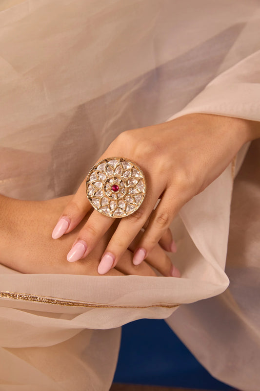Ravi — XAGO Circular Polki-Style Statement Ring in 22K gold-plated brass, handcrafted by XAGO