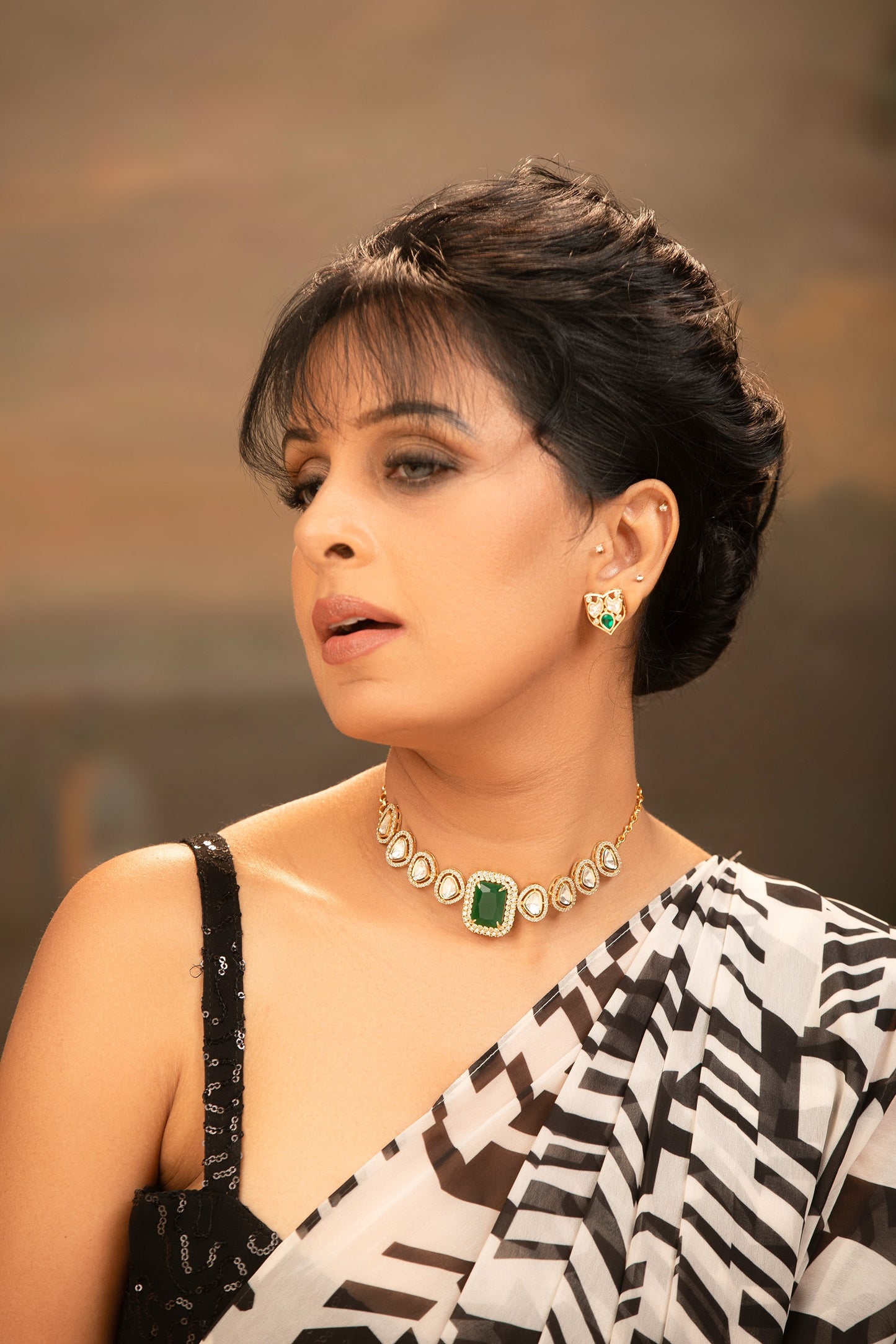 Sanhita Green Stone and Moissanite Polki Studded Necklace Set