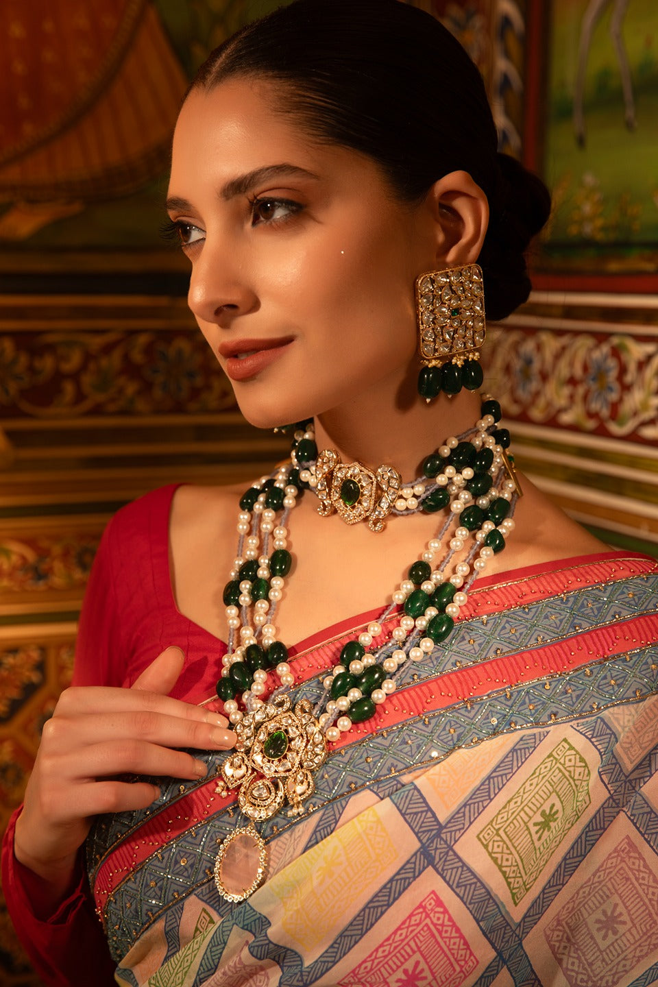 Panna Jharna Long Necklace Set With Polki And Pearl