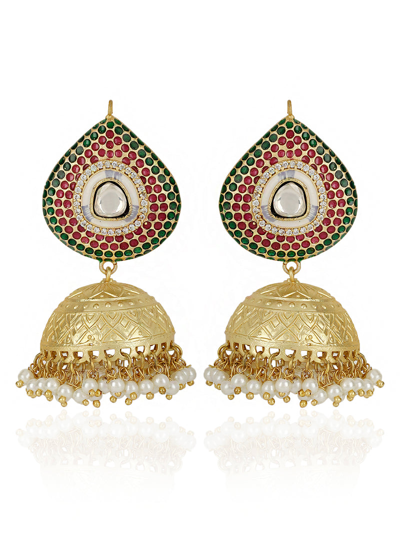 AARNA KUNDAN ENAMELED JHUMKA EARRINGS jewellery in 24K gold plating | XAGO Luxe