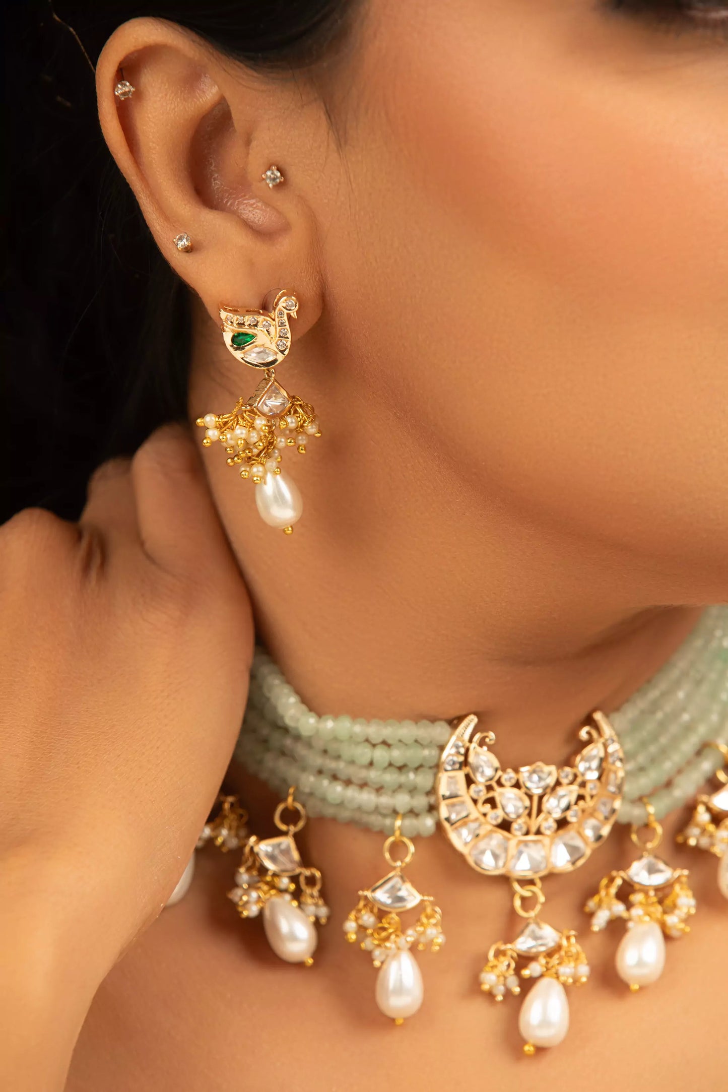 Laasya Green Beads White Polki And Pearl Necklace Set