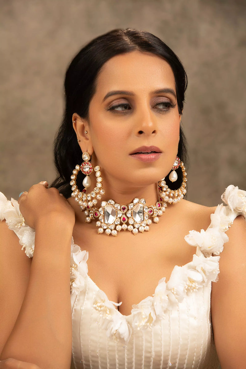 Ridhima Pink, White Polki and Pearl Necklace