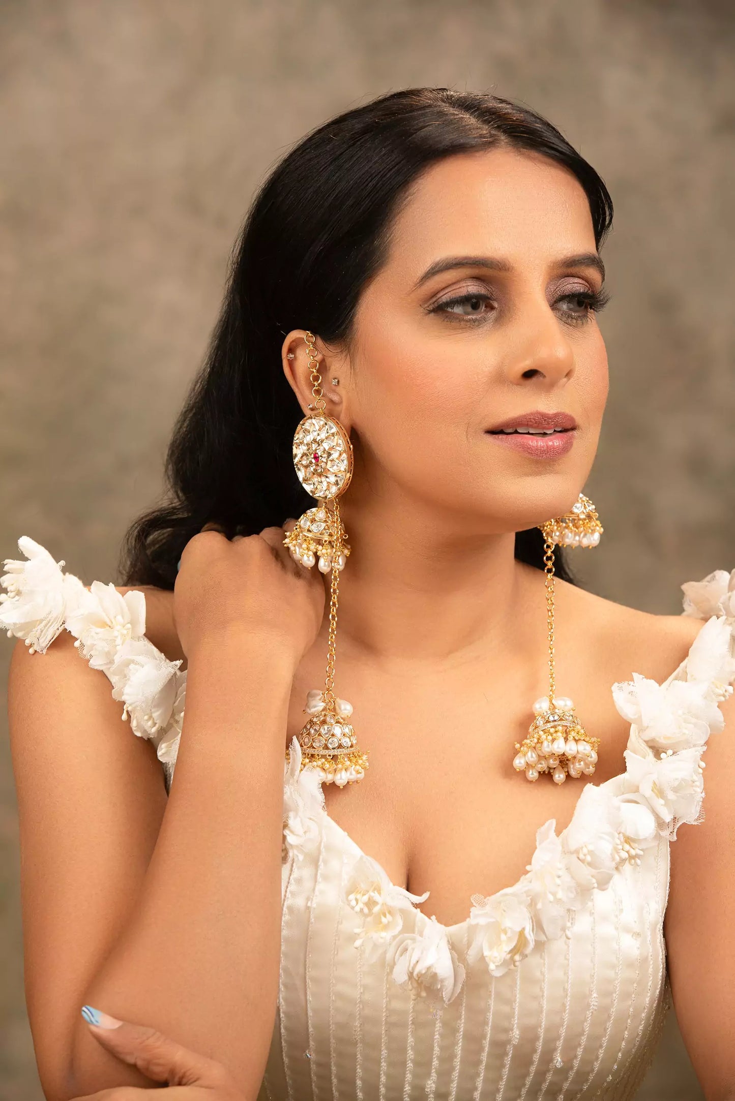 Tejasvi Moissanite Polki Jhumkas with Tassel & Pearl Drops
