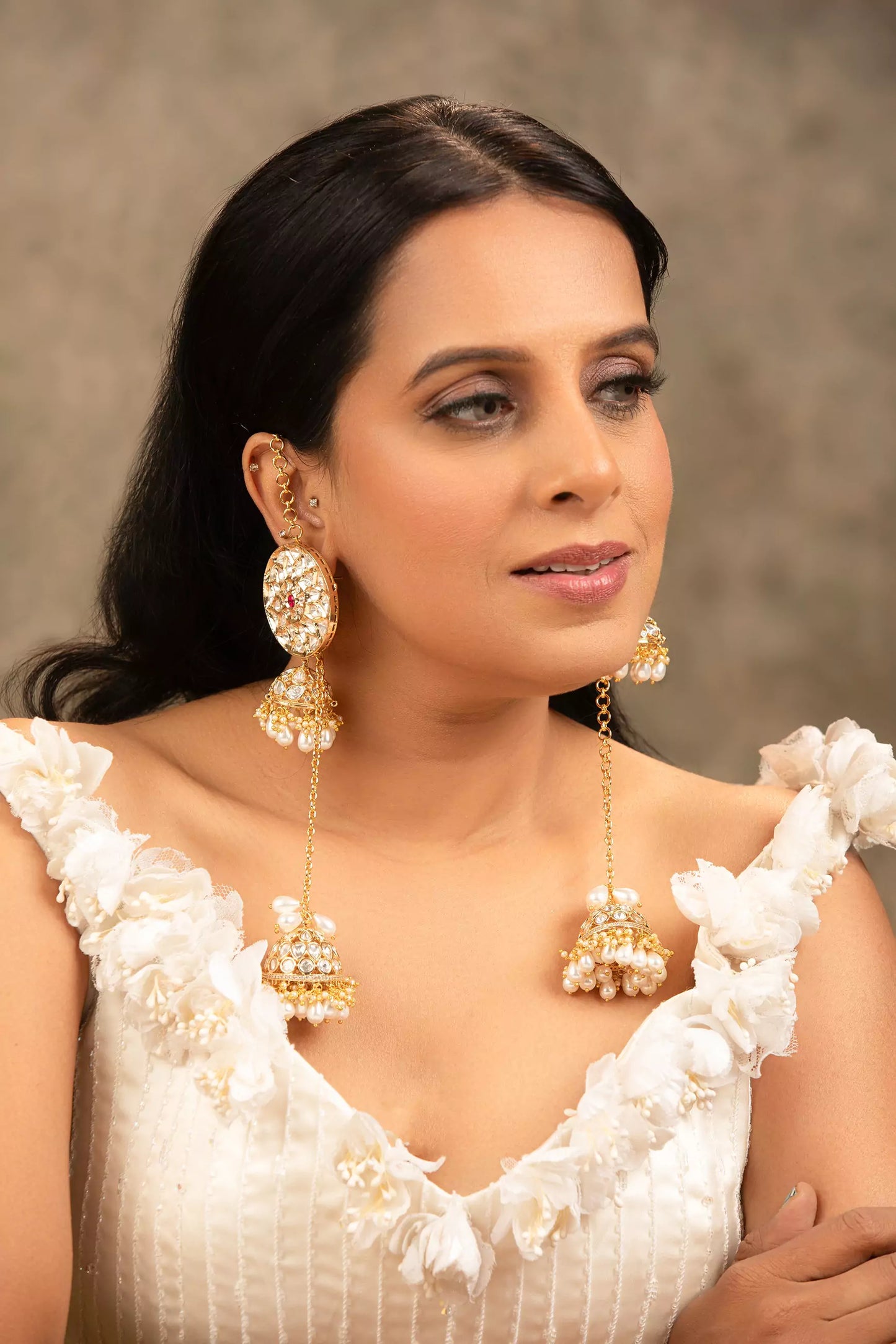 Tejasvi Moissanite Polki Jhumkas with Tassel & Pearl Drops