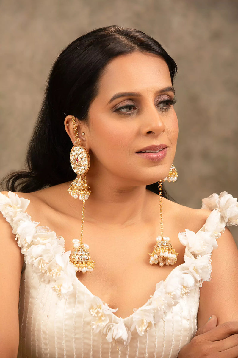 Tejasvi Moissanite Polki Jhumkas with Tassel & Pearl Drops