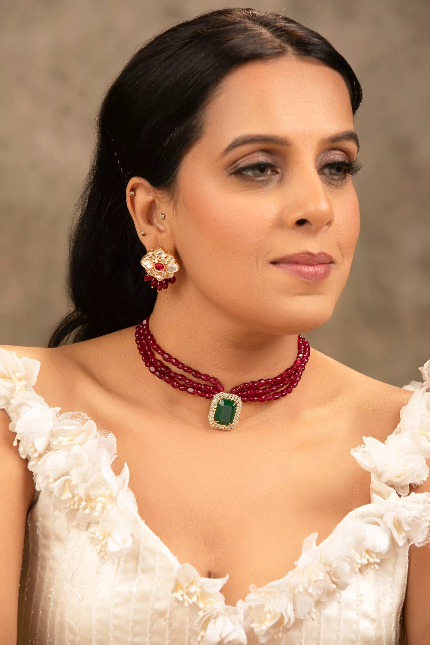Ganya Red Beaded Choker with Green Moissanite Polki Pendant