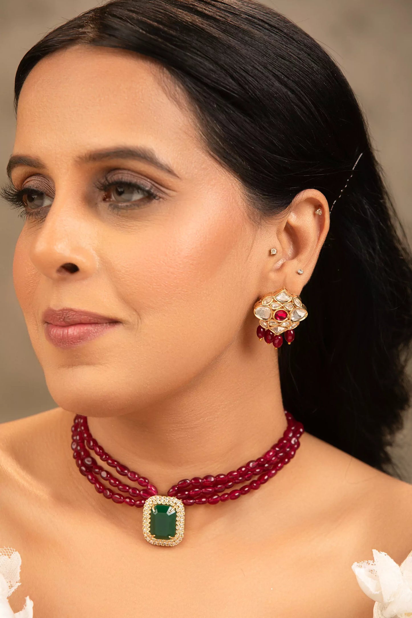 Ganya Red Beaded Choker with Green Moissanite Polki Pendant