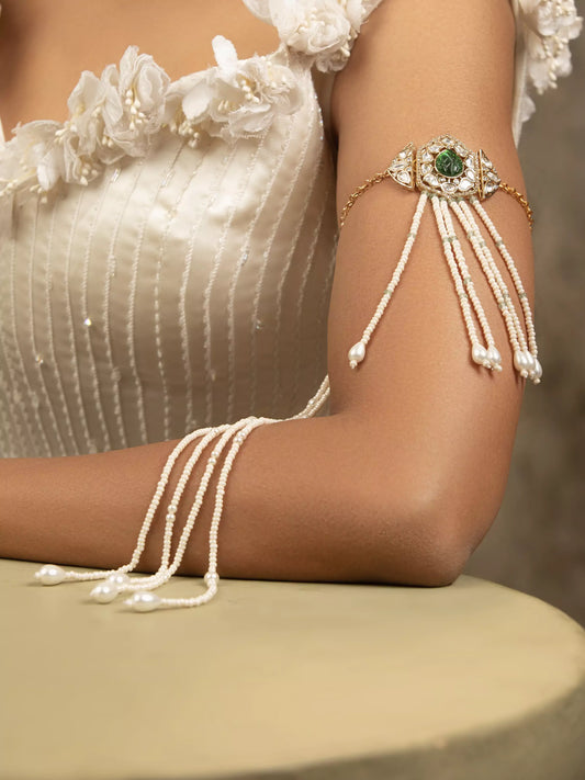 Rajnandini Moissanite Polki and Pearl Bajuband with Tassels