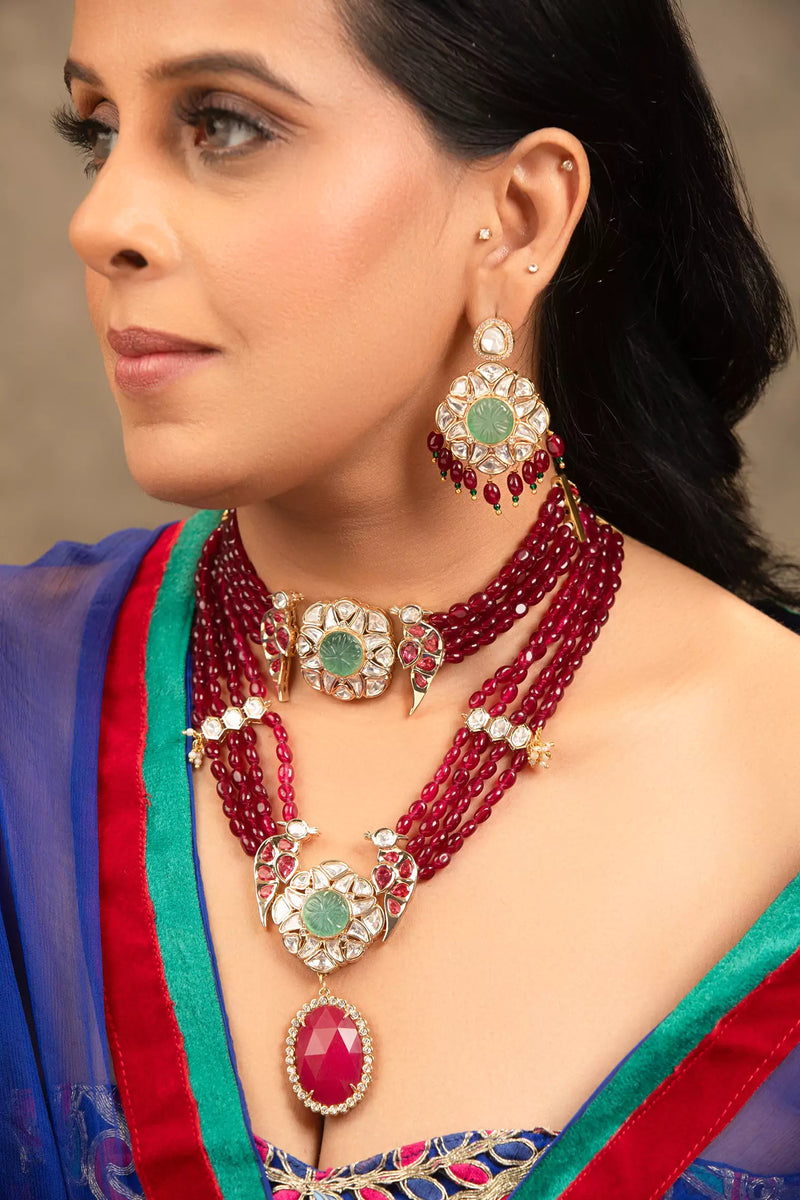 Xago Asvi Choker & Long Necklace Set with Polki Moissanite, Ruby Beads & Carved Emerald