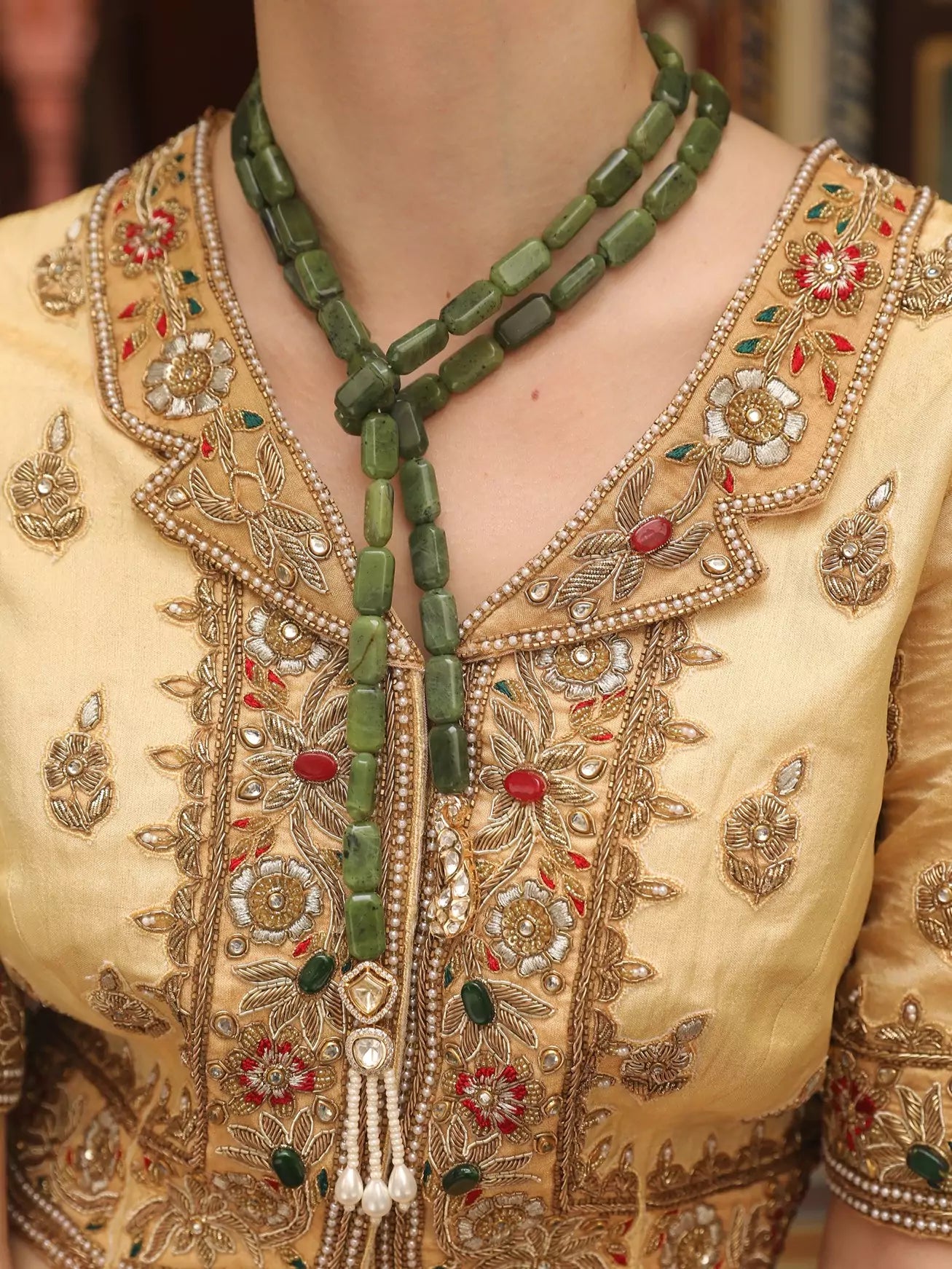 Moti Mahal Long Mala with Green Beads & Pearl Tassels