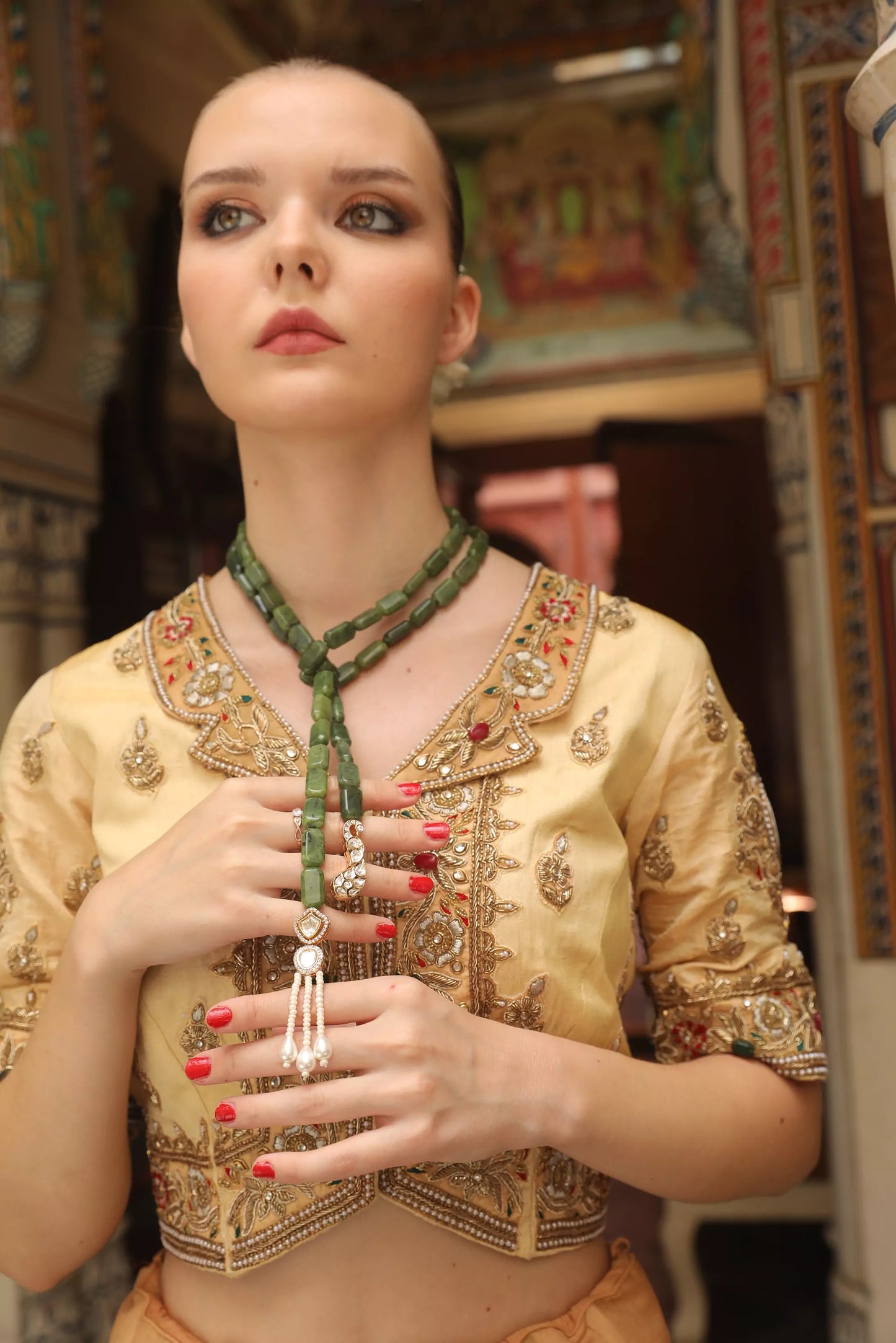 Moti Mahal Long Mala with Green Beads & Pearl Tassels