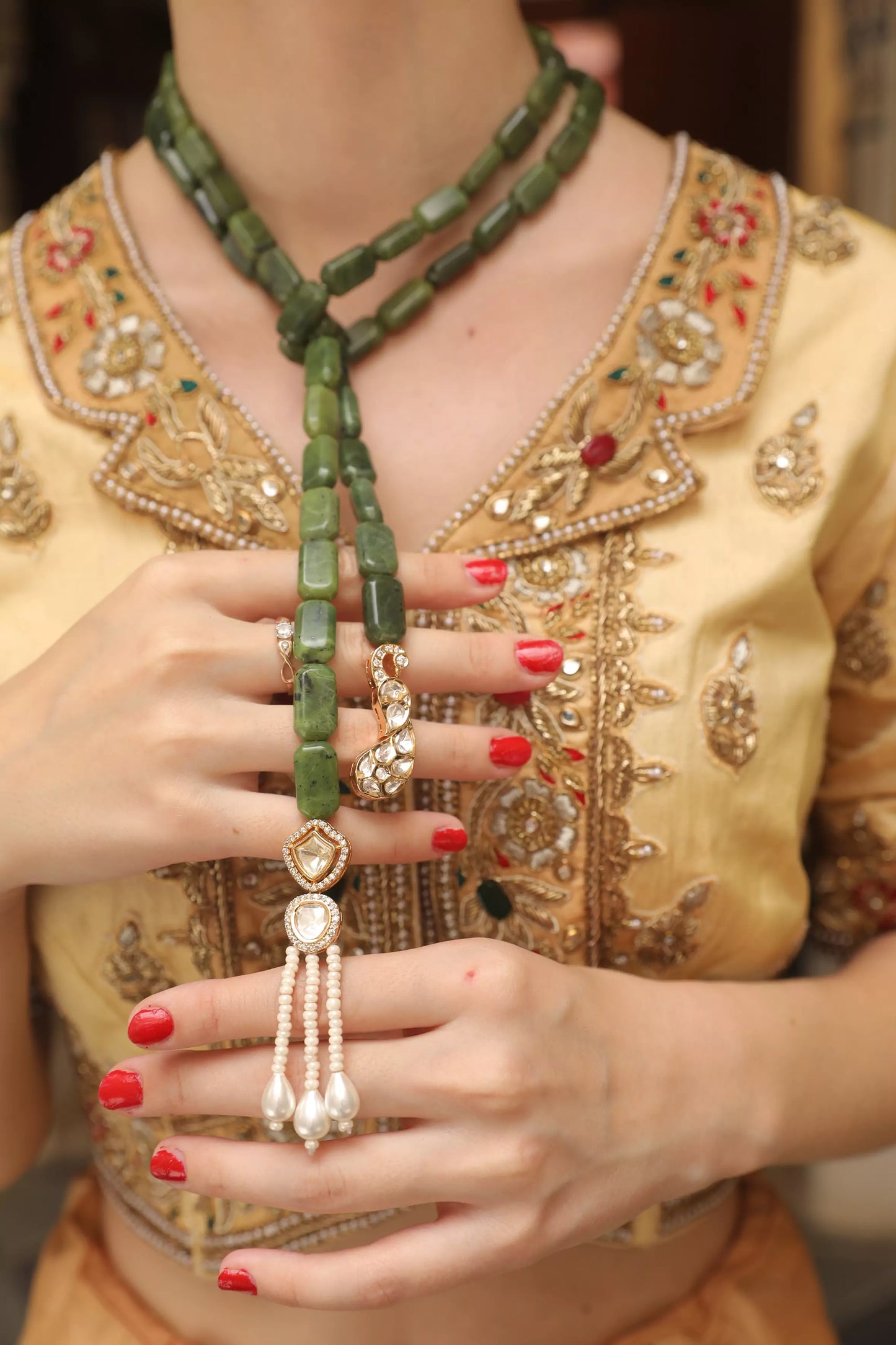 Moti Mahal Long Mala with Green Beads & Pearl Tassels