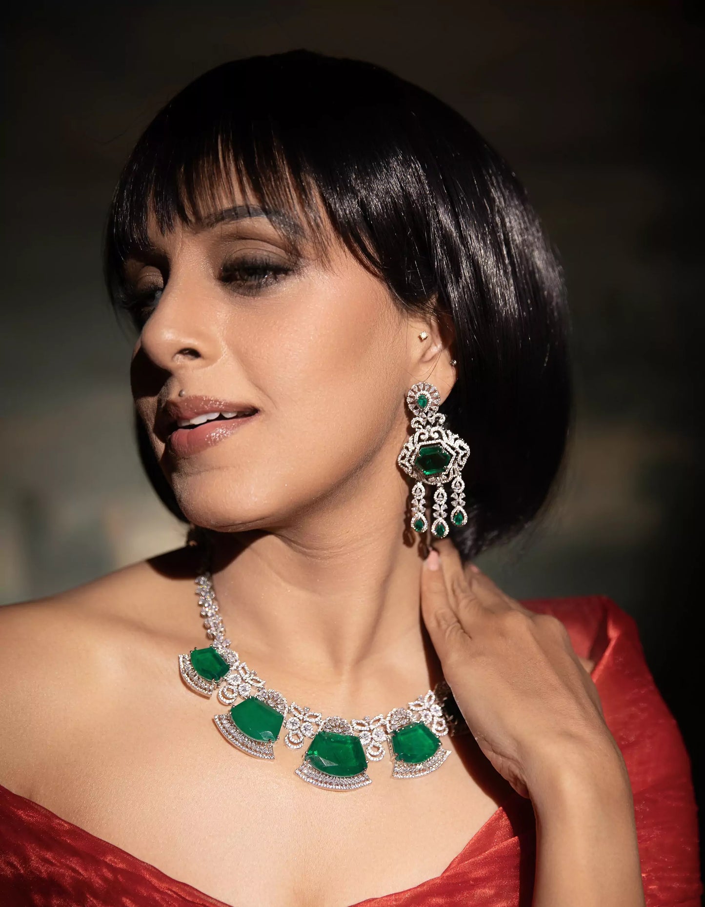Emerald Celestial Luxe Collar Necklace Set with Earrings