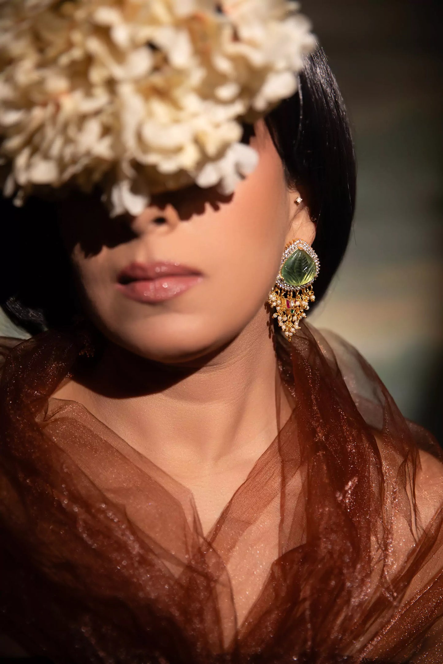 Lavanya Green Stone and Pearl Drop Earrings