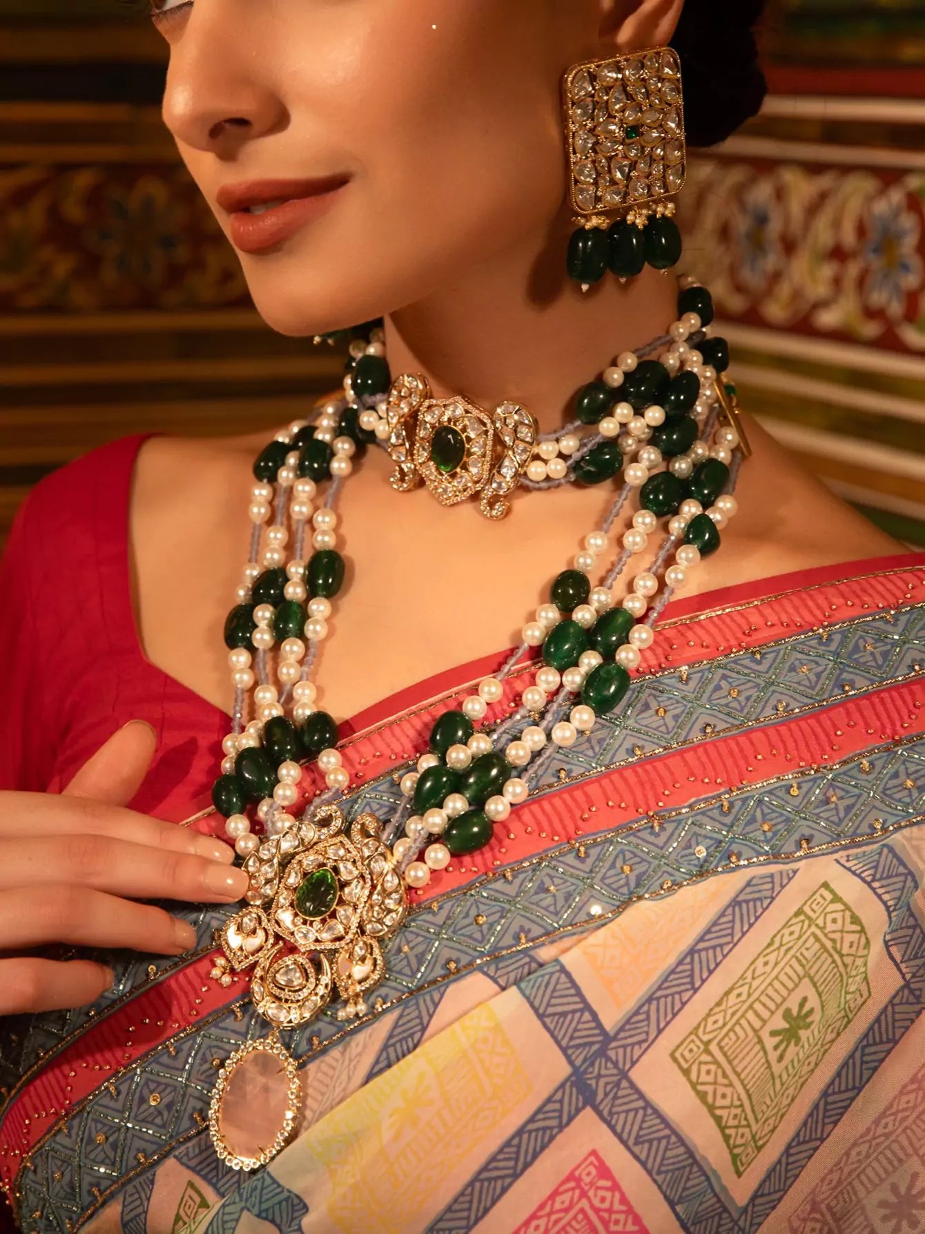 Xago Panna Jharna Long Necklace Set with Polki Moissanite, Emerald Beads & Pearls