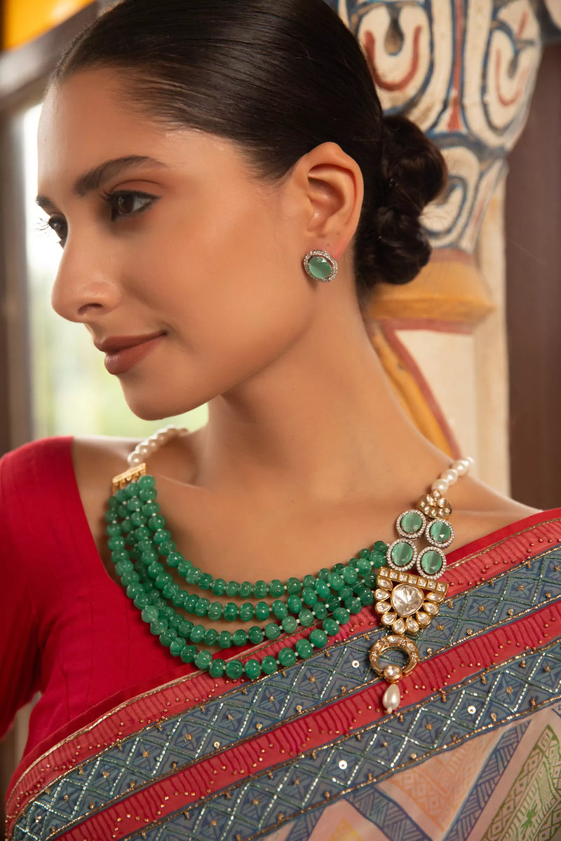 Xago Rang Mahal Haar Necklace Set with Green Beads & Polki Moissanite Pendant