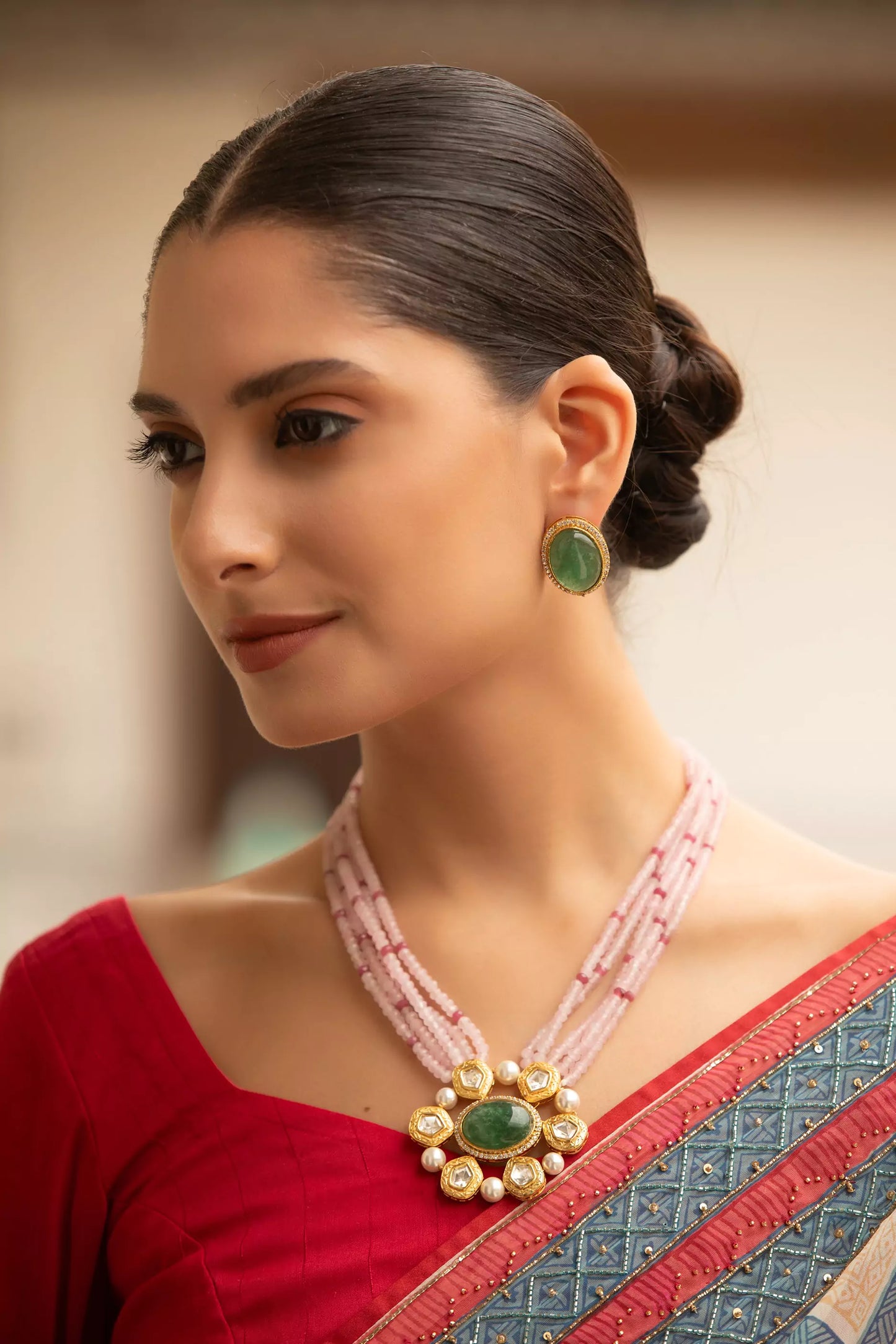 Noor-E-Deewan Necklace Set with Pink Beads & Green Polki Moissanite Pendant