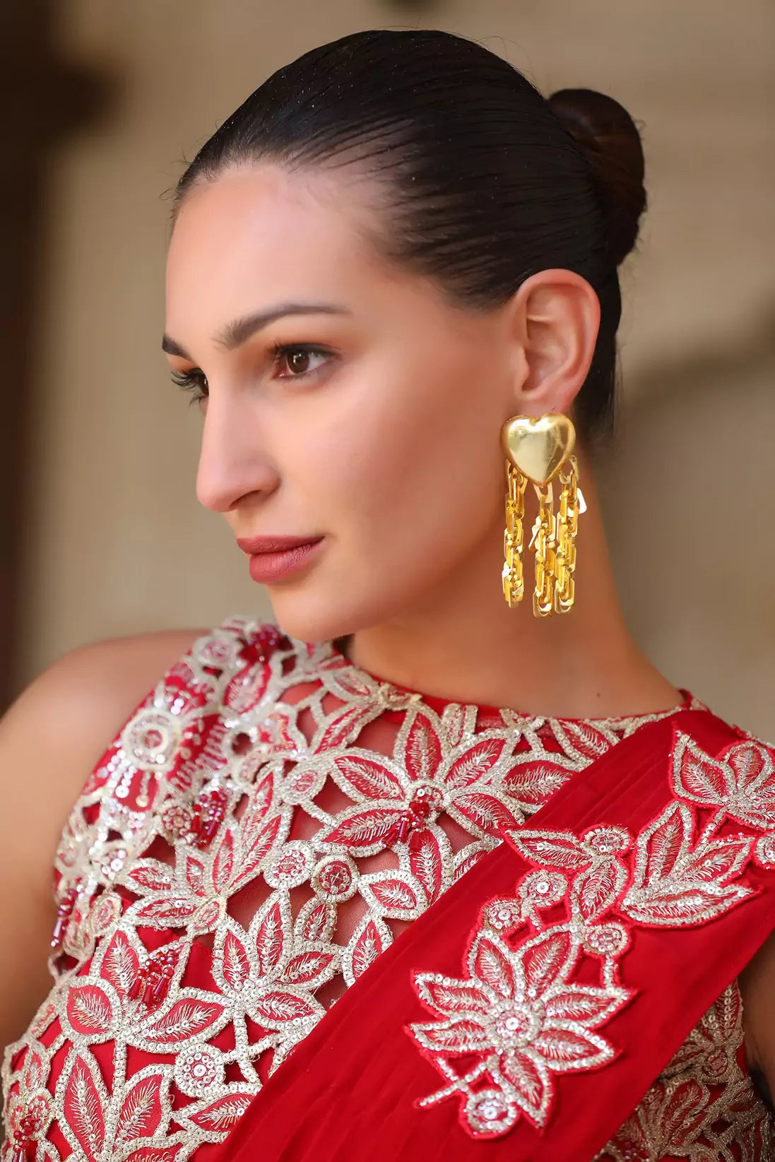 Xago Lovique Tassel Earrings in 22K Gold Finish | Heart Statement Earrings with Chain Tassels