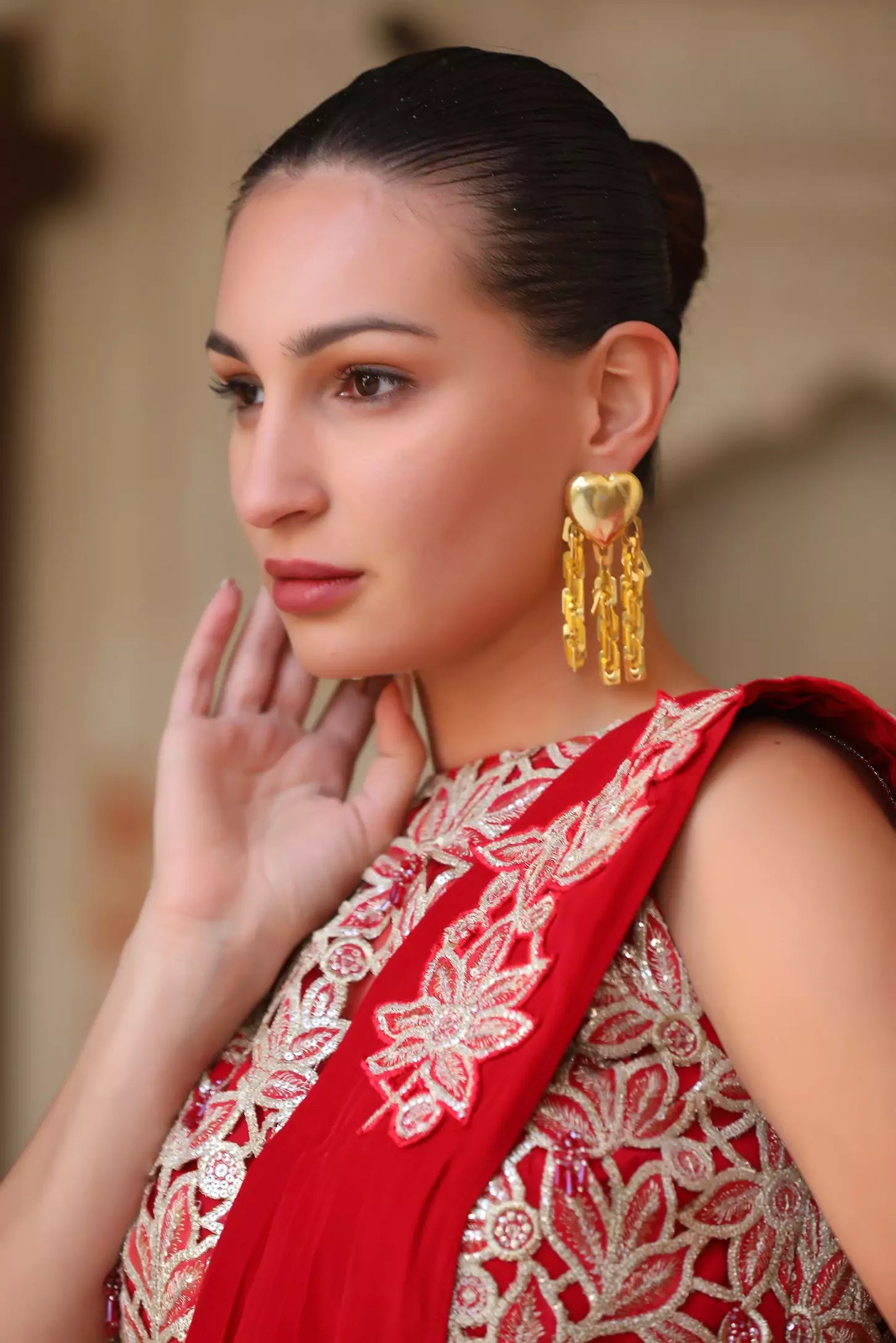 Xago Lovique Tassel Earrings in 22K Gold Finish | Heart Statement Earrings with Chain Tassels
