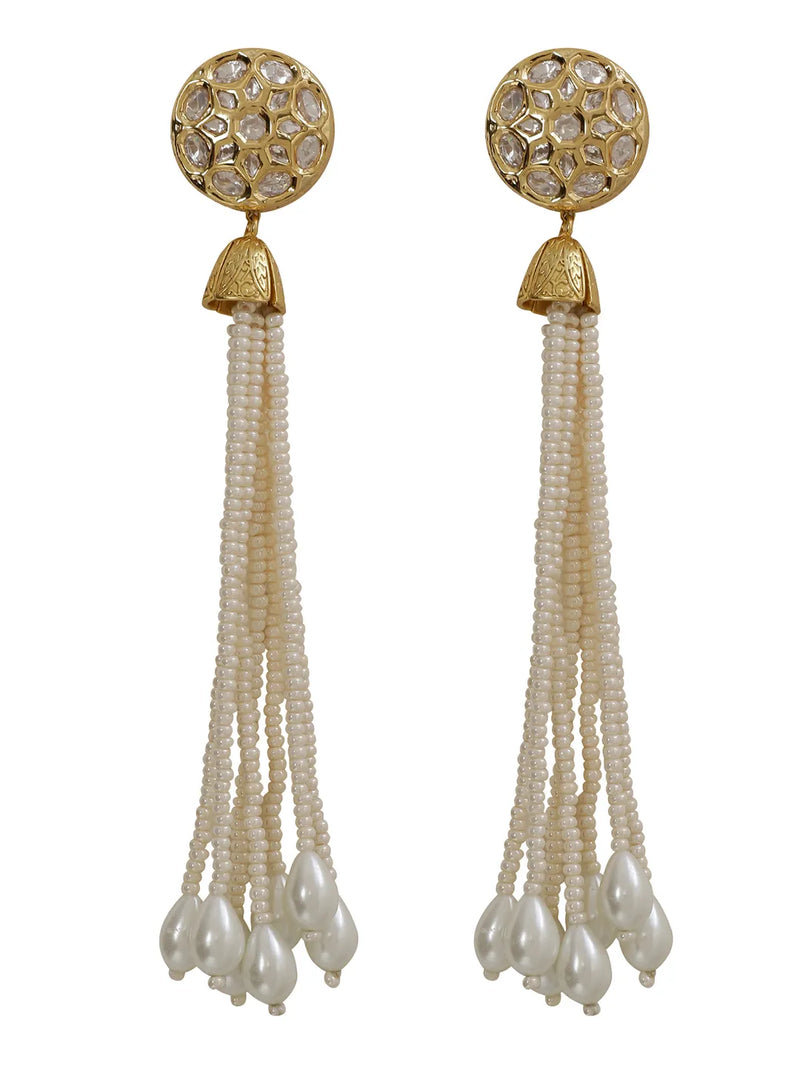 LE ALTHEA PEARL & KUNDAN LONG EARRINGS jewellery in 24K gold plating | XAGO Luxe
