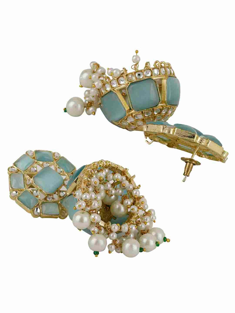 ASHNI BLUE MONALISA AND PEARL POLKI JHUMKA EARRINGS statement earrings in 24K gold plating | XAGO Luxe