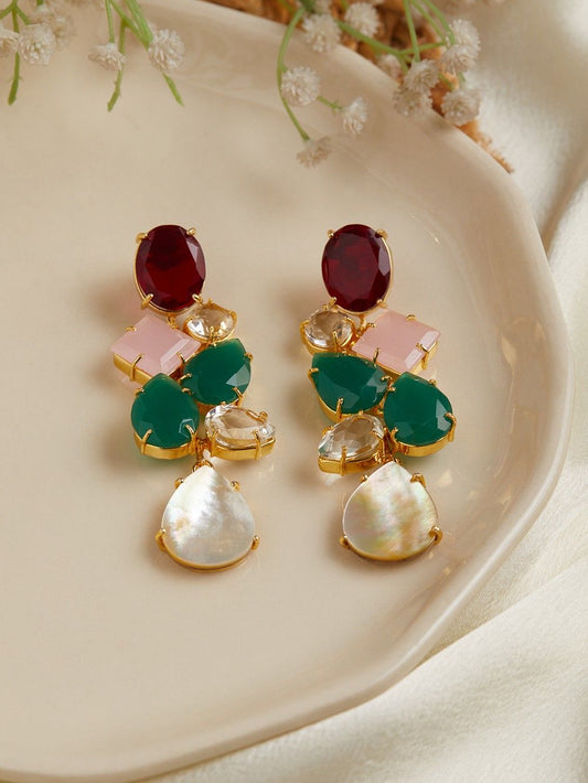 Jasmika Multi-Stone Statement Earrings – Green Onyx, Red Quartz, Crystal & Mother of Pearl
