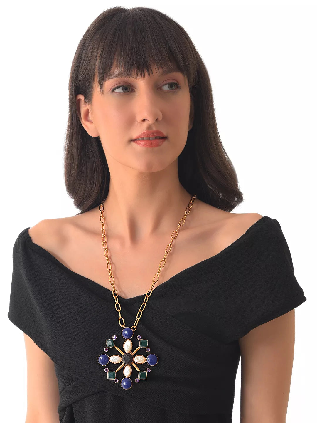 XAGO Celestia Medallion Gemstone Pendant Necklace in 22K Gold Finish